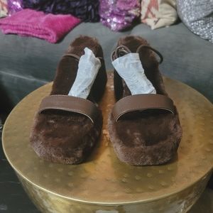 Brown furry tie up heel